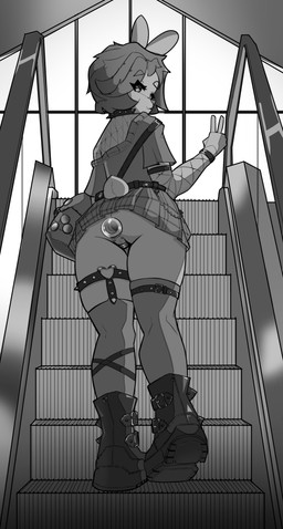alternative_fashion anal anal_penetration anthro anthro_penetrated backsack ball_ring balls barely_visible_balls barely_visible_genitalia belt boots bottomwear buttplug buttplug_in_ass buttplug_insertion closed_smile clothed clothed_anthro clothed_male clothing collar crossdressing crossdressing_male escalator exhibitionism eyebrow_through_hair eyebrows eyelashes eyelashes_through_hair femboy fingers fishnet_clothing fishnet_handwear fishnet_shirt fishnet_t-shirt fishnet_topwear footwear furgonomic_bottomwear furgonomic_skirt furgonomics genitals gesture gesturing_at_viewer goth goth_boots guiche_piercing hair hand_gesture handwear humanoid_hands inside legband legwear looking_at_viewer looking_back looking_back_at_viewer low-angle_view male male_anthro male_penetrated mall mouth_closed no_underwear object_in_ass off_shoulder on_one_leg pattern_bottomwear pattern_clothing pattern_skirt penetration perineum piercing plantigrade plug_(sex_toy) plug_insertion pose public public_exposure raised_foot rear_view scut_tail sex_toy sex_toy_in_ass sex_toy_insertion shirt shoes short_hair short_tail skirt slight_smile smile smiling_at_viewer smirk smirking_at_viewer snout solo spiked_collar spiked_legband spikes standing tail tail_clothing tail_through_skirt thigh_highs thighband topwear translucent translucent_hair transparent_buttplug upskirt v_sign luckesha nikki_(luckesha) lagomorph leporid mammal rabbit absurd_res english_description full-length_portrait greyscale hi_res monochrome pinup portrait