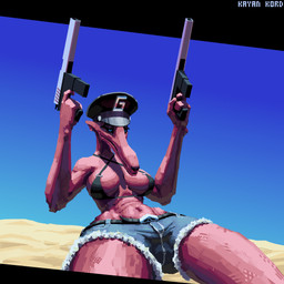 abs anthro beach bikini bikini_top black_sclera bottomwear clothed clothing covered_nipples denim denim_bottomwear denim_clothing denim_shorts eyelashes female gun handgun hat headgear headwear long_muzzle low-angle_view navel ranged_weapon red_body shorts slim solo swimwear triangle_bikini two-piece_swimsuit weapon kayan_kord 1:1 absurd_res hi_res