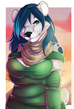 anthro blue_hair breasts cleavage cleavage_cutout clothed clothing cutout female fur green_eyes hair holding_arm keyhole_turtleneck long_hair scarf solo sunset sweater topwear turtleneck white_body white_fur shariea taeryn bear mammal polar_bear ursine 2015