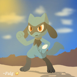 3_fingers 3_toes ambiguous_gender biped black_body black_skin blue_body blue_fur blue_tail cloud day feet feral fingers fur long_tail outside red_eyes solo standing sun tail text toes fulgito_ast nintendo pokemon generation_4_pokemon pokemon_(species) riolu 1:1 2025 artist_name hi_res
