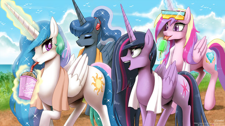beverage blue_hair cutie_mark electronics eyebrows eyelashes eyes_closed female female_feral feral food group hair headphones horn licking long_hair magic multicolored_hair multicolored_tail open_mouth ponytail popsicle purple_eyes purple_hair purple_tail tail telekinesis text tongue tongue_out towel wings john_joseco friendship_is_magic hasbro my_little_pony mythology princess_cadance_(mlp) princess_celestia_(mlp) princess_luna_(mlp) twilight_sparkle_(mlp) equid equine mammal mythological_creature mythological_equine winged_unicorn 16:9 2026 hi_res signature url widescreen sibling_(lore) sister_(lore) sisters_(lore)