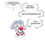 anthro blue_body blue_fur blush blush_lines clothing compliment dialogue footwear fur gloves handkerchief handwear kerchief long_ears male red_eyes red_handkerchief red_kerchief shoes simple_background solo speech_bubble text white_background yelling quavernsfw sega sonic_the_hedgehog_(series) fan_character rush_the_rabbit lagomorph leporid mammal rabbit english_text hi_res
