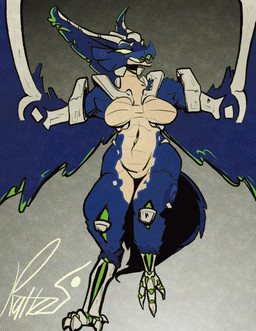 anthro bat_wings blue_body blue_feathers blue_fur bone claws feathers female fur green_eyes green_mouth membrane_(anatomy) membranous_wings night paws scales simple_background smile smiling_at_viewer smirk smirking_at_viewer solo tail tan_body tan_scales wingarms wings wings_instead_of_hands kattzzi microsoft minecraft mojang xbox_game_studios aruna_the_phantom phantom_(minecraft) undead hi_res