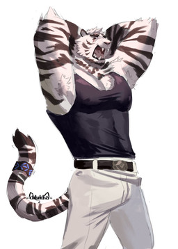 accessory armpit_hair biped body_hair clothed clothing fur furgonomics hands_behind_head jewelry male ring solo tail tail_accessory tail_jewelry tail_ring white_body white_fur dilukha arknights hypergryph studio_montagne mountain_(arknights) felid mammal pantherine tiger 2021 hi_res signature