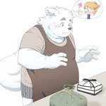 anthro belly bento_box blush bottomwear clothing eyes_closed heart_symbol humanoid_hands kemono male overweight overweight_male shirt shorts topwear inunoshippo canid canine canis domestic_dog mammal 1:1 2022 hi_res