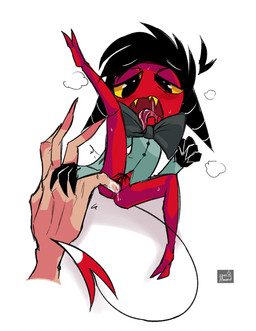 black_hair bodily_fluids bottomless bow_tie breath clothed clothing drooling duo female female/female fingering genital_fluids hair horn open_mouth partially_clothed penetration pubes red_body saliva sharp_teeth size_difference spread_legs spreading sweat teeth tongue tongue_out vaginal vaginal_fingering vaginal_fluids spec_almond hellaverse helluva_boss demon imp