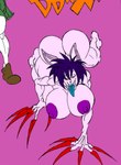 2021 anthro areola big_breasts big_butt breasts butt claws crawling domestic_cat dragon_ball dragon_ball_super felid feline felis female hair hi_res hop_(dragon_ball) long_claws mammal nipples nude pink_background purple_areola purple_body purple_hair purple_nipples red_claws simple_background solo sun1sol tagme thick_thighs tongue tongue_out turquoise_tongue yellow_eyes