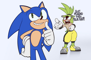 angry anthro big_breasts blue_body blue_eyes blush bottomwear breasts clothed clothing covering covering_breasts dialogue duo ear_piercing female footwear gloves green_body green_eyes hair handwear male pants piercing ponytail ring sharp_teeth shoes teeth text topless topless_female topless_male palegarbo idw_publishing sega sonic_the_hedgehog_(comics) sonic_the_hedgehog_(idw) sonic_the_hedgehog_(series) sonic_the_hedgehog surge_the_tenrec afrosoricid eulipotyphlan hedgehog mammal tenrec 3:2 english_text hi_res