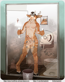 anthro antlers ball_crush ball_crusher ballbusting balls circumcised circumcision_scar cock_and_ball_torture erection genital_scar genital_torture genitals glory_hole glory_wall horn humanoid_genitalia humanoid_penis male one_way_glass penis scar solo sketchotterly deer mammal 4:5 absurd_res hi_res