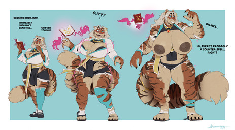 4_toes anthro big_breasts blue_eyes body_size_growth book bottomwear breast_expansion breasts brown_body brown_fur clothed clothing curvy_figure denim denim_bottomwear denim_clothing denim_shorts dialogue expansion feet female footwear fur growth hair huge_breasts jewelry long_hair magic muscle_growth muscular muscular_female necklace nipples open_mouth orange_body orange_fur shoes shorts size_transformation socks standing striped_body striped_fur stripes teeth text thick_thighs toes tongue topwear torn_clothing transformation voluptuous white_body white_fur wide_hips mainlinemojo edel_(muttoverlord) felid mammal pantherine tiger english_text hi_res