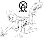 age_difference anthro bottomwear breasts clothed clothing duo erection_under_loincloth female fur genitals hair heart_symbol loincloth male male/female nipple_slip nipples older_female penis plant tongue tongue_out topless young younger_male xenahasaclit disney talespin kit_cloudkicker rebecca_cunningham bear mammal 2023 black_and_white monochrome