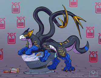 abstract_background after_transformation blue_eyes bodily_fluids breeding_mount cum feral genital_fluids genitals male multi_limb penis potion side_view simple_background solo transformation transformation_potion errokioslem capcom dungeons_and_dragons hasbro monster_hunter wizards_of_the_coast displacer_beast flying_wyvern hybrid nargacuga full-length_portrait portrait