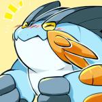 ^_^ ambiguous_gender blue_body blush eyes_closed fin happy multicolored_body multicolored_skin simple_background smile solo two_tone_body two_tone_skin white_body yellow_background yellow_sclera jia nintendo pokemon amphibian generation_6_pokemon mega_evolution mega_swampert pokemon_(species) 1:1