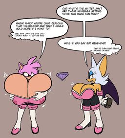 alternate_costume anthro bat_wings big_breasts bodily_fluids bodysuit boots breast_expansion breasts chaos_emerald clothing clothing_swap cosplay dialogue duo expansion female female_anthro footwear gem gloves handwear huge_breasts hyper hyper_breasts lactating lactating_through_clothing membrane_(anatomy) membranous_wings shoes simple_background skinsuit speech_bubble text tight_clothing wet wet_clothing wings klacket sega sonic_the_hedgehog_(series) amy_rose rouge_the_bat bat eulipotyphlan hedgehog mammal 2026 digital_drawing_(artwork) digital_media_(artwork) english_text flat_colors hi_res