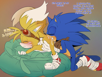 2_tails age_difference anal anthro anthro_on_anthro anthro_penetrated anthro_penetrating anthro_penetrating_anthro blush bodily_fluids clothed clothing dialogue duo ear_blush eyes_closed eyewear eyewear_on_head footwear gloves goggles goggles_on_head handwear hug hugging_object hugging_pillow internal_dialogue kneeling male male/male male_anthro male_penetrated male_penetrating male_penetrating_male multi_tail oral penetration pillow pose rimming saliva scarf sex shoes tail tail_motion tailwag text young young_anthro younger_male funkiepoop omegaverse sega sonic_boom sonic_the_hedgehog_(series) miles_prower sonic_the_hedgehog canid canine eulipotyphlan fox hedgehog mammal colored detailed digital_drawing_(artwork) digital_media_(artwork) english_text hi_res shaded