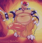 2023 2_horns anthro armband balls belly big_balls big_penis bodily_fluids bowser bracelet cave claws collar collar_only dripping erection eyebrows foreskin genital_fluids genitals hair hand_on_hip hi_res horn huge_balls huge_penis humanoid_genitalia humanoid_penis jewelry koopa licking licking_lips licking_own_lips long_penis love_handles male mario_bros moobs nintendo nude open_mouth open_smile overweight overweight_anthro overweight_male patreon penis precum precum_drip precum_string presenting presenting_penis rock scalie seductive shadow shell simple_background smile solo spiked_armband spiked_bracelet spiked_collar spiked_shell spiked_tail spikes spikes_(anatomy) standing tail teeth tentabat text thick_penis thick_thighs tongue tongue_out unretracted_foreskin url vein