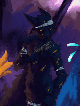 ambiguous_gender anthro bandage blood bodily_fluids colored_blood gun holding_gun holding_object holding_ranged_weapon holding_weapon orange_blood orange_eyes ranged_weapon simple_background solo unusual_blood unusual_bodily_fluids weapon wound_on_chest wound_on_face wound_on_torso wounded dark_rya casualties:_unknown expie_(gunsawian) gunsawian 2026 absurd_res hi_res