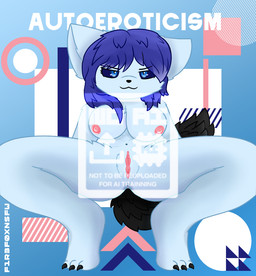 anthro autoeroticism bent_legs black_tail blue_body blue_eyes blue_hair bold_minimalism female genitals gift hair hands_behind_back kemono minimalism pose shaded_background smug smug_grin solo spread_legs spreading tail tala(huujh) vulva f1r3f0xnsfw canid canine canis mammal wolf digital_drawing_(artwork) digital_media_(artwork) shaded shaded_line_art watermark