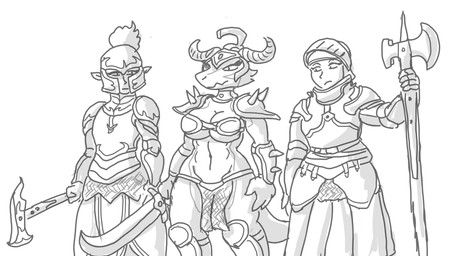 anthro armor axe big_breasts bikini_armor bottomwear bra breast_size_difference breasts clothing female full_armor group headgear helmet holding_axe holding_melee_weapon holding_object holding_sword holding_weapon horn loincloth looking_at_another melee_weapon poleaxe shoulder_armor sword three-quarter_view unconvincing_armor underwear weapon wide_hips stormwolfbaron human lizard mammal reptile scalie 2023 digital_drawing_(artwork) digital_media_(artwork) monochrome sketch