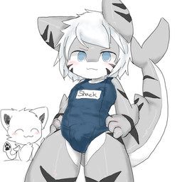 anthro apron black_inner_ear blue_eyes blush bulge clapping clothing duo eyes_closed fin fur grey_body hair hands_on_hips kemono male pawpads shark_tail simple_background solo_focus striped_body stripes tentacles white_background white_body white_fur white_hair young chano changed_(video_game) squid_dog_(changed) tiger_shark_(changed) aquatic canid canine canis cephalopod coleoid decapodiform fish hybrid mammal mollusk shark 1:1