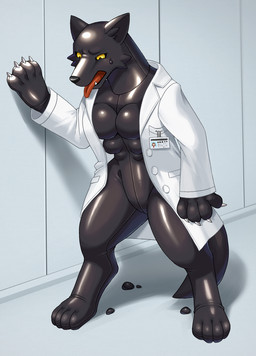 6_breasts anthro black_body breasts claws clothing coat digitigrade featureless_breasts featureless_crotch female id_card implied_transformation lab_coat latex liquid_latex multi_breast seam_(sewing) solo standing tail tongue tongue_out topwear shio_inu canid latex_creature mammal 2021 digital_media_(artwork) hi_res