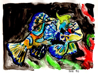 ambiguous_gender blue_body dot_eyes duo feral fin green_body monotone_body multicolored_body orange_body red_eyes riding_on_back simple_eyes kyokyota amphibian aquatic fish species_request tadpole 2014 dated hi_res painting_(artwork) traditional_media_(artwork) traditional_painting_(artwork) traditional_watercolor_(artwork) watercolor_(artwork)