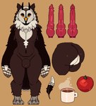 anthro apple balls beak big_butt brown_body brown_feathers butt container cup feathers food fruit genitals horn knot male mug multi_genitalia multi_knot nude orange_eyes penis plant red_penis small_body solo white_body white_feathers mertvykhcrows avian bird owl hi_res