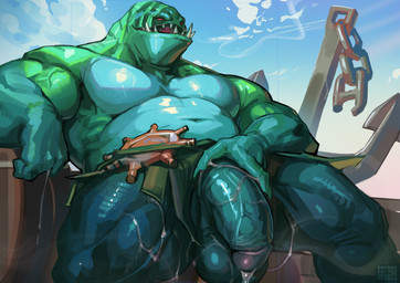 abs anthro balls biceps bodily_fluids bottomwear bottomwear_aside clothing clothing_aside erection genital_fluids genitals glans humanoid_genitalia humanoid_penis loincloth loincloth_aside male muscular muscular_anthro muscular_arms muscular_male muscular_thighs nude pecs penis precum smile solo teeth triceps vein dendryte_axxon dota valve valve_corporation leviathan_the_tidehunter marine absurd_res digital_drawing_(artwork) digital_media_(artwork) hi_res