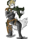 aiming anthro armor belt beret biped blonde_hair boots bracers clothing concentration ears_up female fluffy fluffy_tail footwear fur gun hair hat headgear headwear holding_gun holding_object holding_ranged_weapon holding_weapon holster humanoid_pointy_ears kneeling knife laced_boots lacing legwear ranged_weapon shoes simple_background solo tail thigh_boots thigh_highs weapon white_background white_body white_fur yellow_eyes baltoperrolobo sucker_punch canid canine canis mammal wolf