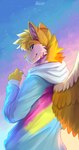 anthro clothing feathers fur hoodie lgbt_pride male multicolored_clothing multicolored_hoodie multicolored_topwear pansexual_pride_colors pride_color_clothing pride_color_hoodie pride_color_topwear pride_colors solo topwear yellow_body yellow_feathers yellow_fur belvor mythology fubuki_derg angel angel_dragon dragon mythological_creature mythological_scalie scalie absurd_res hi_res