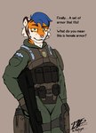 anthro armor blue_hair clothed clothing dialogue femboy fully_clothed fur gun hair holding_gun holding_object holding_ranged_weapon holding_weapon male misriah_armory ranged_weapon solo standing talking_to_viewer text three-quarter_view uniform weapon victhetiger halo_(series) microsoft xbox_game_studios victor_alice_reed felid feline mammal pantherine tiger absurd_res colored digital_media_(artwork) english_text hi_res portrait three-quarter_portrait