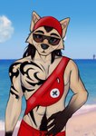 abdominal_tattoo anthro arm_markings arm_tattoo back_tattoo beach beach_background body_tattoo brown_arms brown_body brown_fur brown_hair canid canine canis cheek_tuft chest_tattoo clothing digital_media_(artwork) ear_tuft esenika eyewear facial_tuft fluffy fur glasses gloves_(marking) hair hat headgear headwear leg_markings lifeguard long_hair looking_at_viewer loose_hair male mammal markings multicolored_body multicolored_fur muscular muscular_anthro muscular_male navel_tattoo nipple_tattoo pubes pubic_tattoo rib_tattoo roy_beedrill sea smile socks_(marking) solo swimming_trunks swimwear tail tan_body tan_fur tattoo tattoo_on_shoulder torso_length_tattoo tribal tribal_tattoo tuft waist_tattoo water wearing_glasses whisker_markings wolf