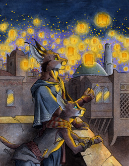 5_fingers anthro blue_eyes celebration city clothed clothing dagger detailed_background duo ear_piercing fantasy female festival fingers green_eyes lamp lantern lights male medieval melee_weapon night paper_lantern piercing sky_lantern weapon 0laffson nasir_(0laffson) shadi_(0laffson) caracal caracal_(genus) domestic_cat felid feline felis mammal hi_res painting_(artwork) traditional_media_(artwork) traditional_painting_(artwork) traditional_watercolor_(artwork) watercolor_(artwork)