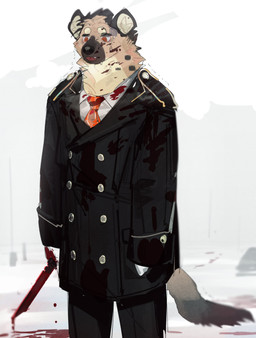 anthro biped black_nose blood bloodied bodily_fluids clothed clothed_anthro clothed_male clothing male solo tongue tongue_out weapon fuguri hyena mammal absurd_res hi_res