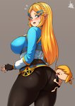 2020 big_breasts big_butt blonde_hair blush breasts breath_of_the_wild butt butt_lick clothing duo female fingerless_gloves gloves green_eyes hair handwear hi_res humanoid humanoid_pointy_ears hylian jmg licking link long_hair male nintendo nipple_outline not_furry open_mouth princess_zelda the_legend_of_zelda tongue tongue_out