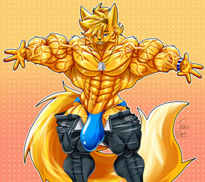 10-pack abs anthro biceps big_bulge big_muscles blonde_hair blue_clothing blue_speedo blue_swimwear bottomwear bracelet bulge clothed clothing detailed_bulge dog_tags fur genital_outline gloves grey_bottomwear grey_clothing grey_pants hair handwear huge_muscles jewelry long_tail looking_at_viewer male muscular muscular_anthro muscular_arms muscular_male necklace obliques pants partially_clothed pecs penis_outline plant pose purple_eyes smile smiling_at_viewer solo speedo spread_arms standing swimwear tail thick_thighs tree v-cut vein veiny_arms veiny_muscles yellow_body yellow_fur taiko-sihori canid canine fennec_fox fox mammal true_fox hi_res