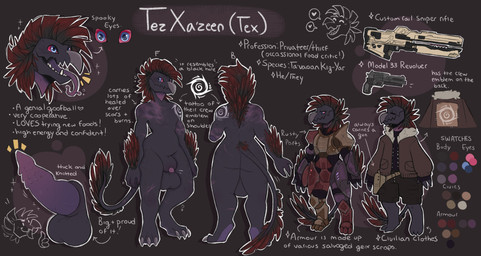 3_fingers 3_toes animal_genitalia animal_penis anthro arm_feathers arm_tattoo arm_tuft armor balls barefoot beak big_balls blue_eyes butt clothing erection feather_hair feathered_crest feathers feet fingers front_view genitals grey_body grey_scales gun handgun head_crest heart_symbol highlights_(coloring) hybrid_genitalia hybrid_penis jacket knot knotted_penis long_tail long_tongue male male_anthro nude nude_anthro nude_male penile_spines penis penis_tip pseudo_hair ranged_weapon rear_view red_body red_feathers red_sclera revolver rifle scales sharp_teeth sheath shoulder_scar shoulder_tattoo smile solo tail tail_feathers tattoo teeth text toes tongue tongue_out toothed_beak topwear tuft weapon slime-pupp halo_(series) microsoft xbox_game_studios alien kig-yar scalie t'vaoan absurd_res colored english_text hi_res model_sheet