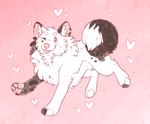 ambiguous_gender black_markings blep blush circle_eyebrows curled_tail digitigrade dot_eyes eyebrows feral fur grey_markings heart_symbol inner_ear_fluff markings one_eye_closed pawpads paws pink_background pink_blush pink_inner_ear pink_inner_ear_fluff pink_nose pink_pawpads pink_tongue purple_eyes simple_background simple_eyes smile solo tail tongue tongue_out tuft white_body white_fur wink maligaytor canid canine canis domestic_dog mammal pomeranian spitz 2023 digital_drawing_(artwork) digital_media_(artwork) flat_colors full-length_portrait paint_tool_sai_(artwork) portrait