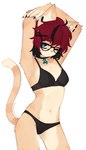 5_fingers alchemical_symbol anthro astrological_symbol astronomical_symbol black_bra black_clothing black_hair black_panties black_underwear bra breasts choker claws clothed clothing cocked_hip countershading ear_piercing eyewear female female_anthro finger_claws fingers fur glasses hair jewelry jupiter_symbol kemono lingerie looking_at_viewer markings midriff multicolored_body multicolored_fur multicolored_hair multicolored_tail navel necklace one_eye_closed panties piercing pink_nose planet_symbol power_symbol pupils raised_arms red_hair short_hair simple_background slim small_breasts solo striped_markings striped_tail stripes symbol tail tail_markings tan_body tan_fur text underwear underwear_only unusual_pupils wearing_glasses white_background yoako aeiou_(yoako) domestic_cat felid feline felis mammal 2022 digital_media_(artwork) hi_res portrait signature three-quarter_portrait