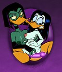 4_fingers anatid anseriform anthro areola armwear avian beak big_breasts bird black_hair breasts butt butt_grab choker clothing consin-arts disney duck ducktales ducktales_(2017) duo elbow_gloves eyeshadow feathers female female/female fingers gloves green_body hair hand_on_butt handwear hi_res highlights_(coloring) jewelry looking_at_another looking_at_partner looking_down magica_de_spell makeup necklace nipple_piercing nipples non-mammal_breasts nude piercing purple_eyeshadow purple_highlights selfcest signature simple_background smile square_crossover strapon tail teeth tongue tongue_out white_body yellow_eyes