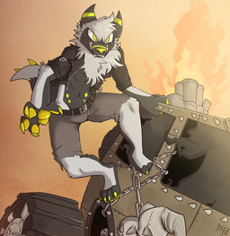 anthro biped black_body black_clothing black_fur black_jacket black_topwear bottomwear brown_bottomwear brown_clothing brown_shorts car claws clothed clothing digitigrade ear_markings fur grin head_tuft jacket male markings multicolored_body neck_tuft outside pawpads shorts smile solo spiked_tail spikes spikes_(anatomy) tail teeth toe_claws topwear tuft two_tone_body vehicle white_body white_fur yellow_eyes yellow_markings yellow_nose yellow_pawpads fuf mad_max canid canine canis mammal wolf 2019 hi_res