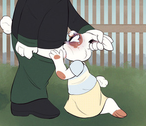 abuse abusive age_difference anthro anthro_on_anthro black_clothing black_shirt black_topwear bodily_fluids bottomwear brown_markings brown_spots brown_toes canon_x_oc clothed clothed_female clothing crying day dress duo ear_grab faceless faceless_character faceless_male fellatio female fence footwear forced fur fur_markings genitals grabbing_both_ears grass green_bottomwear green_clothing green_pants kneeling larger_male male male/female markings open_mouth oral outdoor_nudity outside outside_sex pants penile penis penis_down penis_in_mouth pink_inner_ear plant pupils saliva sex shirt shoes size_difference small_pupils smaller_female spots spotted_markings tail tears text topwear whiskers white_body white_fur wide_eyed young young_female younger_female danisshippies creepypasta max_and_ruby max_and_ruby_0004 nelvana rosemary_wells fred_(max_and_ruby_0004) lagomorph leporid mammal rabbit alternate_version_at_source digital_media_(artwork) hi_res