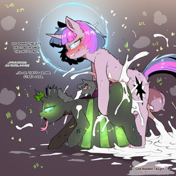 animal_genitalia animal_penis balls big_balls big_penis black_body bodily_fluids cum cum_everywhere cum_inflation cum_inside cum_pooling dialogue duo equine_genitalia equine_penis erection fangs feral feral_on_feral fur genital_fluids genitals gynomorph hair heart_symbol horn inflation intersex male mane messy penetration penile penile_penetration penis purple_body purple_fur sex side_view smile smirk tail teeth text tongue tongue_out cold-blooded-twilight friendship_is_magic hasbro my_little_pony mythology twilight_sparkle_(mlp) changeling_(mlp) equid equine horse mammal mythological_creature mythological_equine pony unicorn 1:1 english_text hi_res