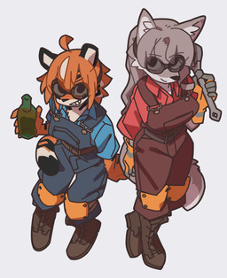 alcohol anthro beer beverage blue_clothing boots chest_tuft clothing duo eyewear female footwear fur gloves goggles grey_body grey_fur grin handwear knee_pads markings orange_body orange_fur overalls red_clothing shoes simple_background sitting smile smiling_at_viewer standing striped_markings stripes tail tools tuft wrench yagi_the_goat team_fortress_2 valve engineer_(team_fortress_2) canid canine canis felid mammal pantherine tiger wolf absurd_res hi_res