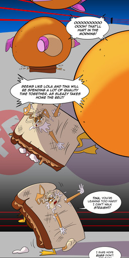 anthro clothing costume female fighting_ring food food_costume fruit group orange_(fruit) orange_costume peanut_butter peanut_butter_and_fluff_sandwich plant sandwich_(food) sandwich_costume sleazy_pie trio wrestler wrestling belugatoons looney_tunes the_looney_tunes_show warner_brothers lola_bunny marshmallow_fluff tina_russo anatid anseriform avian bear bird duck lagomorph leporid mammal rabbit absurd_res hi_res long_image tall_image