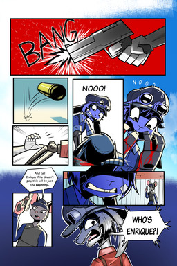 anthro blood bodily_fluids clothed clothed_anthro clothed_female clothed_male clothing cybernetic_arm cybernetic_limb cybernetics dialogue eyewear female female_anthro flat_cap fur goggles grey_body grey_fur gun handgun hat headgear headwear machine male male_anthro ranged_weapon weapon gatonejo tabby_(gatonejo) cyborg lagomorph leporid mammal murid murine rabbit rat rodent 2026 absurd_res comic hi_res