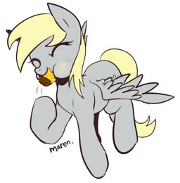blonde_hair cutie_mark eating eyes_closed feathered_wings feathers female feral flying food grey_body grey_feathers hair muffin simple_background solo tail white_background wings yellow_tail marenlicious friendship_is_magic hasbro my_little_pony mythology derpy_hooves_(mlp) equid equine mammal mythological_creature mythological_equine pegasus 2015 digital_media_(artwork) signature
