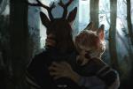 anthro canid canine canis clothed clothing deer domestic_dog duo ear_piercing embrace eyes_closed eyewear forest glasses hi_res hriscia male mammal piercing plant traditional_media_(artwork) tree