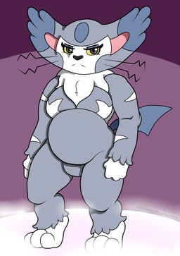 breasts female fur grumpy semi-anthro simple_background slightly_chubby solo wildwolfproduction fakemon nintendo pokemon cynthia_the_pursol fan_character absol felid generation_3_pokemon generation_4_pokemon hybrid mammal pokemon_(species) purugly cel_shading hi_res shaded