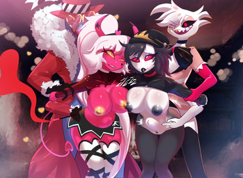 4_arms abdominal_bulge age_difference anthro anthro_on_anthro arm_pull beak big_breasts big_butt big_penis black_hair breasts bulge butt claws clothed clothing detailed_background eyewear fangs feathers female female_penetrated foursome from_behind_position fur genitals glasses group group_sex hair hat headgear headwear horn humanoid_on_humanoid interspecies looking_pleasured male male/female male_penetrating male_penetrating_female mature_male multi_arm multi_limb nipples older_male one_eye_closed open_mouth open_smile parallel_sex partially_clothed penetration penile penile_penetration penis penis_in_vagina pink_body pink_eyes prison_guard_position purple_body sex smile teeth thick_thighs tongue tongue_out vaginal vaginal_penetration vulva white_body white_feathers white_fur white_hair yellow_sclera younger_female jezzgart hazbin_hotel hellaverse helluva_boss angel_dust octavia_(helluva_boss) valentino_(hazbin_hotel) verosika_mayday avian bird demon demon_humanoid horned_humanoid humanoid owl succubus hi_res